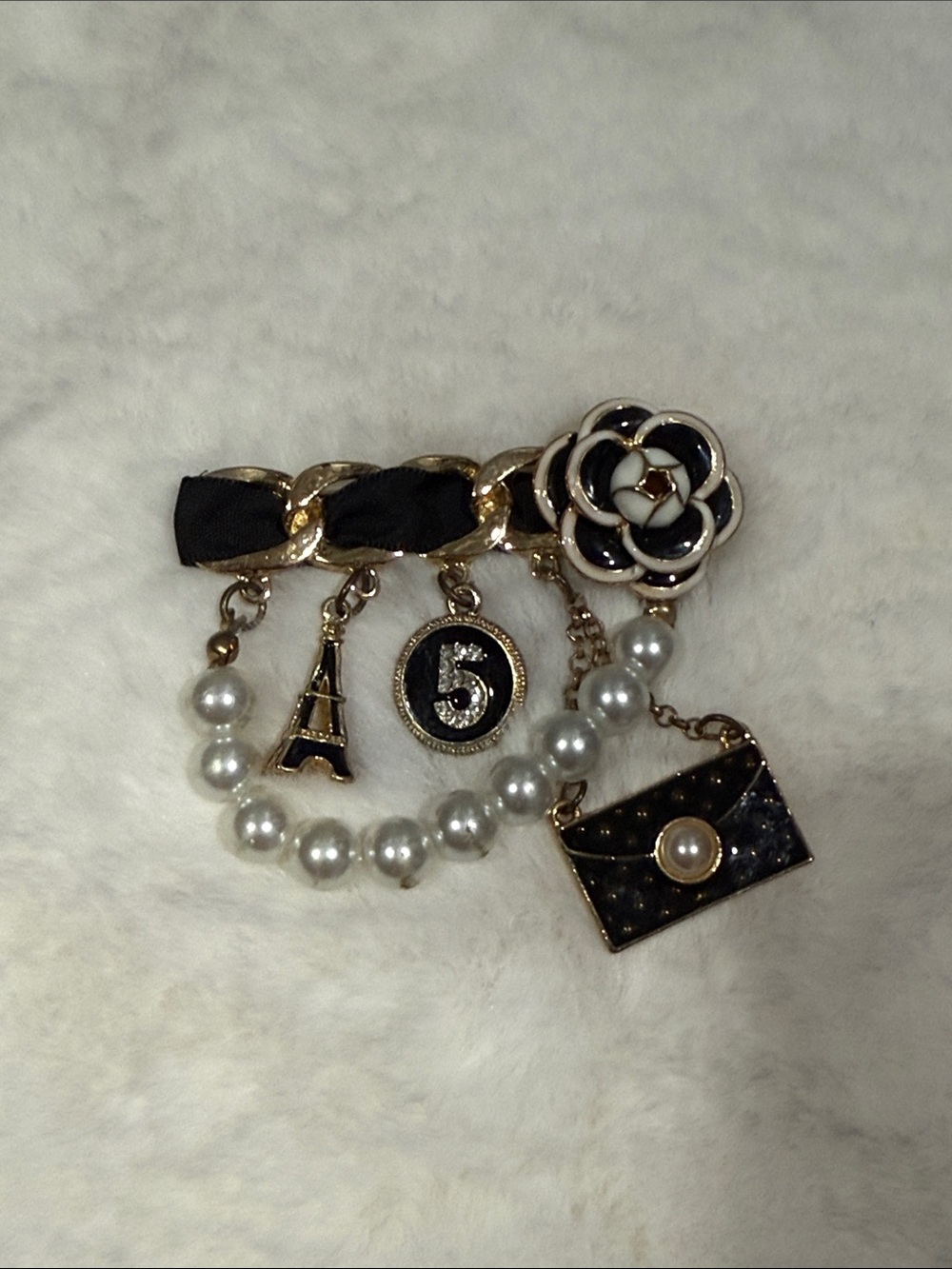 Black & White Tweed Charm headband & fashion pin with Pearl Accents NWT. - Picture 6 of 7
